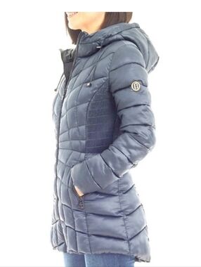 Bernardo Quilted Hooded Puffer Coat Jacket Parka Icy Metallic Blue Size Large